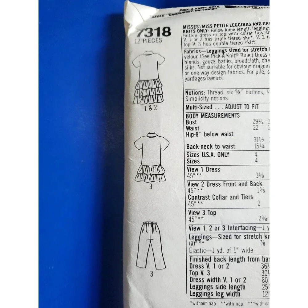 VTG 90s Simplicity 7318 Sewing Pattern Misses Ruffled Dress/Leggings 12-18 UNCUT